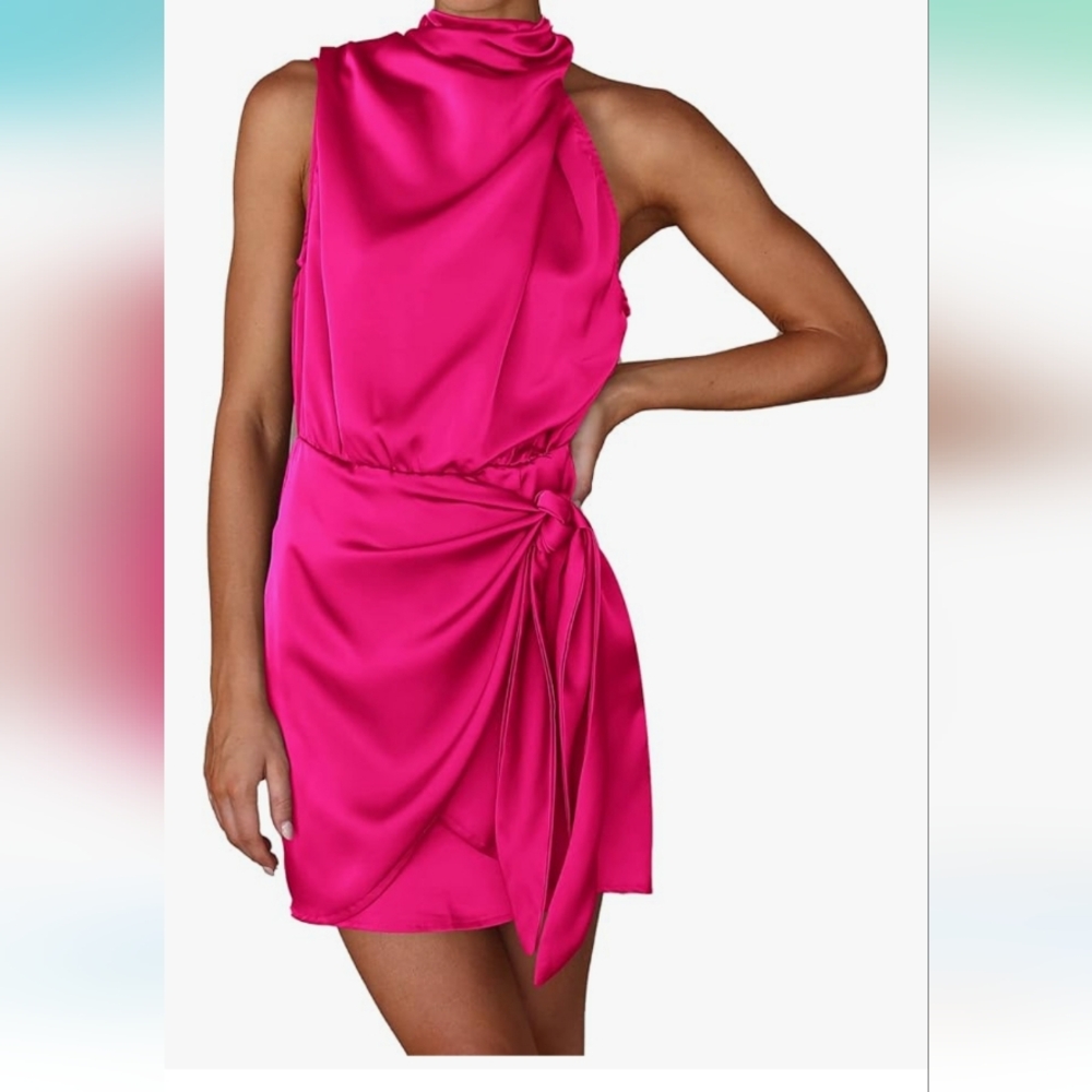 Pink Asymmetrical Ruched Halter Cocktail Dress - Picture 1 of 6
